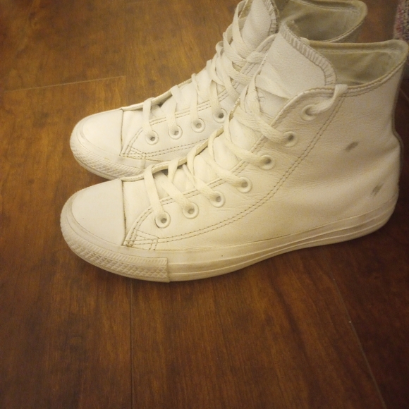 All White Leather Converse All Star High Top Sneakers - Picture 2 of 7